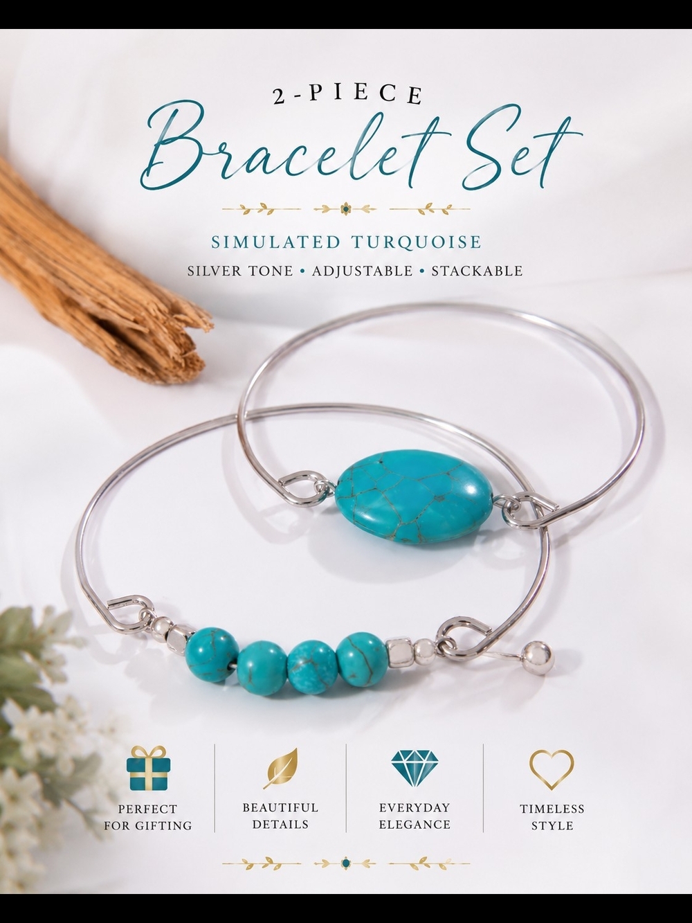 2pc Turquoise Stone Silver Tone Bangle Bracelet Set Gift Box Included